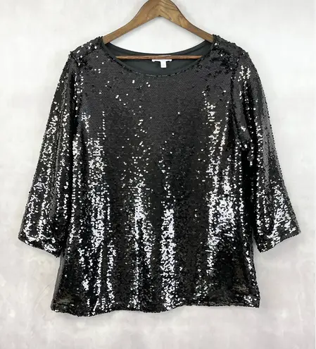 Stacy London Womens Sequin Top Large Disco Party Glam Metallic Sparkle Showgirl Black