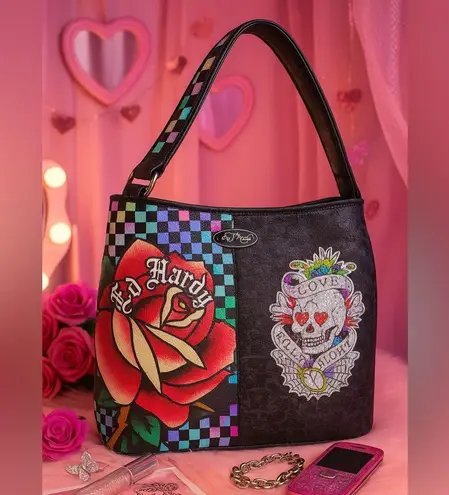 Ed Hardy Black Shoulder Bag Holographic Checkerboard Rose & Rhinestone Skull NWT