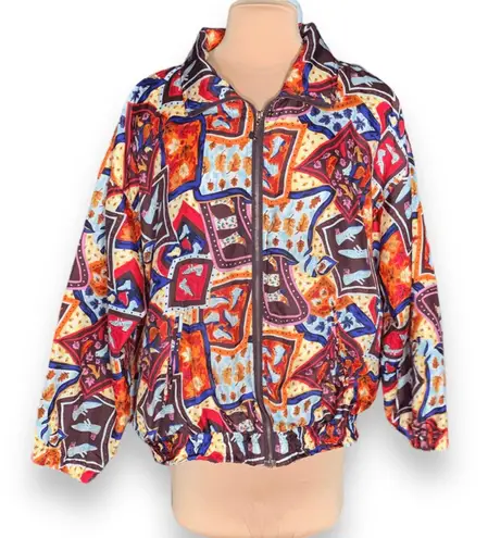 Vintage 90s EVR Silk Bomber Jacket XL Abstract Shoe Print Fall Leaves Colorful Red