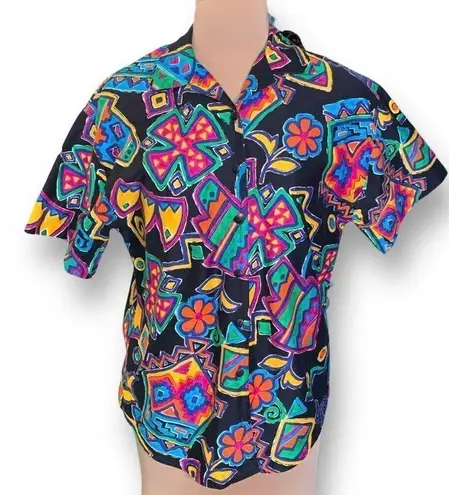Vintage British Isles Shirt Black Rainbow Floral Abstract Art To Wear Button Up Black Size 10