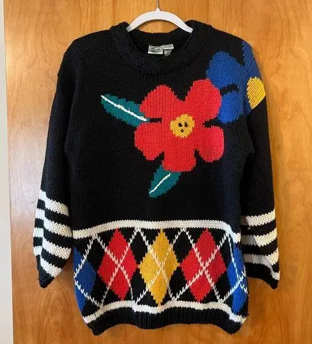 Colter Bay International Vintage Sweater Big Poppy Flowers Floral Argyle Medium