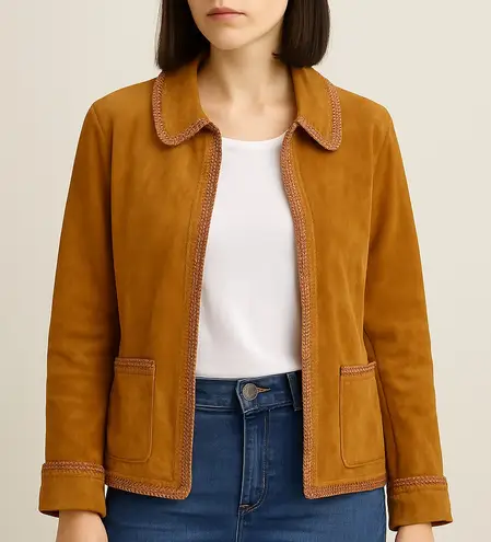 Christopher & Banks Cognac Suede Leather Jacket Size XL Zip Front Crochet Trim