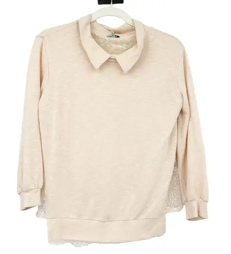 CLU Womens Cotton Blend Lace Trim Pullover Collared Sweatshirt Size S Blush Pink