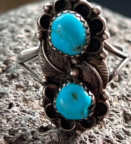 Vintage Navajo Turquoise & Sterling Silver Double Decker Ring Size 10