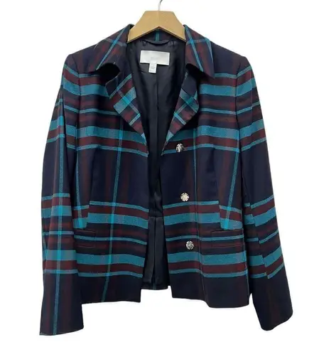Hugo Boss Blue/brown/navy Plaid Virgin Wool Snap Buttons Blazer size 6