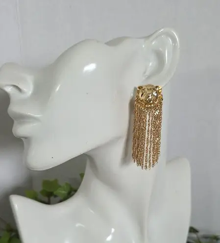 Boutique Statement Glam Gold Lion Earrings with Shimmer Chain Fringe