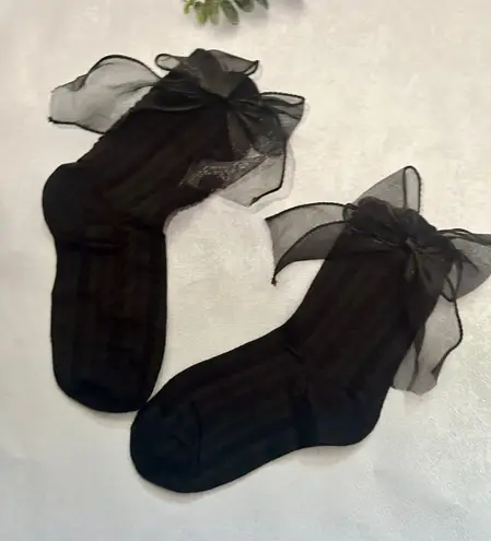 Handmade Black Socks with oversized organza Bow – Cotton blend 🎀