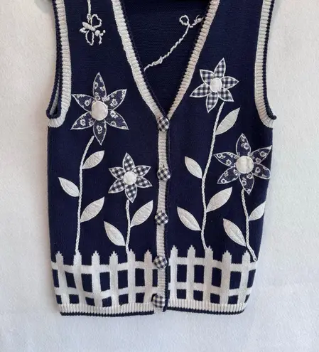 Vintage Knit Sweater Vest Floral Appliqué Cottagecore Boho farmcore Grandma M Blue Size M