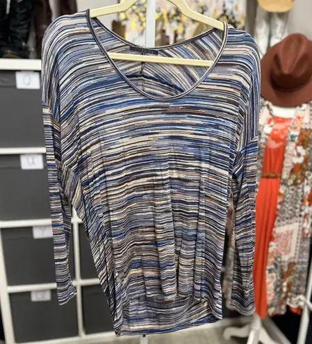 Velvet Tees Anthropologie Velvet by Graham Striped Long Sleeve Scoop Neck Blue and Brown Top