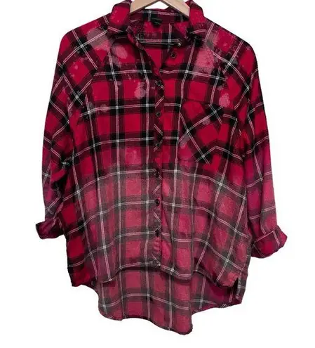 Women’s Hand bleached plaid farmhouse festival fall flannel shirt size small Red