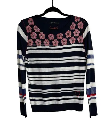 Desigual Womens Navy Long Sleeve Sweater Top Floral Striped Size M Boho Chic