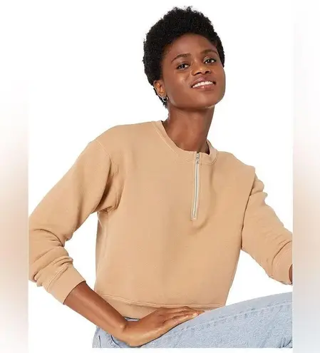 MONROW Tan Cropped Crewneck Sweatshirt Pullover Half Zip Boxy Casual Size XL New