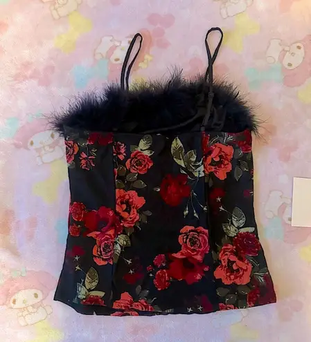 Boutique designer silky black rose all over tank top with fur neckline (L) NEW