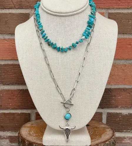 Floral Steer Skull and Turquoise Chip Necklace Set Silver