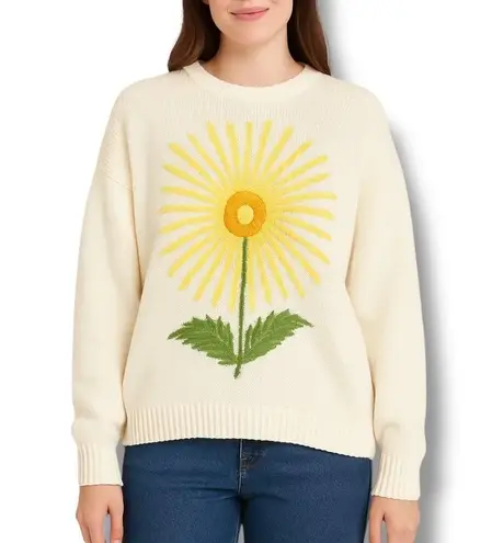 Tiny White Knit Sweater Yellow Sunburst Flower Embroidery Crewneck Pullover Size L