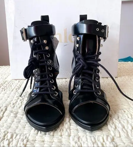 Chloé Rylee Cut-Out Leather Ankle Boot Heel Buckle Open-Toe Black EU 37.5 NIB