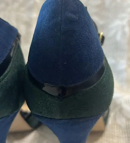 Isola  Blue Green Color Block Suede Black Patent Leather T Strap Stiletto Heel 10