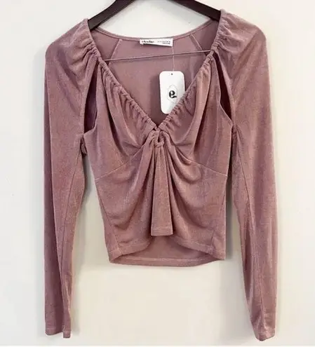 Elodie Mauve Pink Metallic Long Sleeve Cut out Blouse V-Neck Keyhole XL New