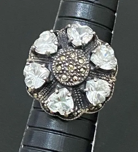 Sterling Silver Vintage Signed 925 Marcasite CZ Flower Chunky Ring Size 7 10.3g