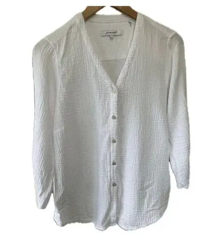 Foxcroft 100% Cotton Crinkle Drawstring Ruched Tie Sleeves Button Down Shirt M