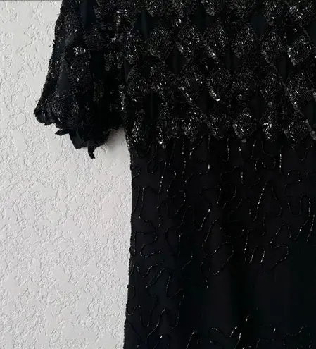 Kazar Black Silk Vintage Beaded Short Sleeve Mini Cocktal Dress Size Large