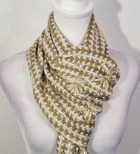 Coldwater Creek Brown and Cream Embellished Knit Scarf with Flower Accent