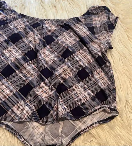 No Comment Off Shoulder Top Navy Plaid