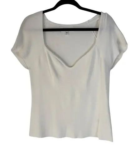 Dear John White Ribbed Sweetheart Neck Short Slv Knit Top Size L Feminine Dainty