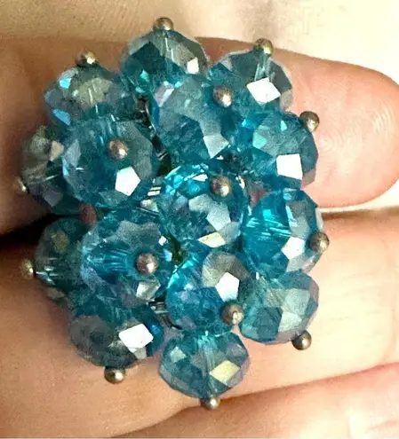 Blue sparkly beaded silver tone adjustable ring