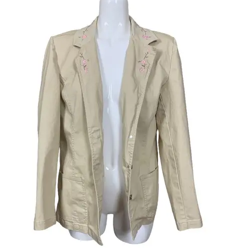 Denim & Co Khaki Stretch Denim Jacket Floral Embroidered Notch Collar Large