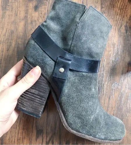 Coclico • suede ankle boots grey leather harness strap stacked high heel bootie Size 7.5