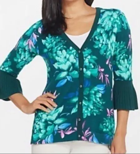 Isaac Mizrahi Live floral ruffle bell sleeve cardigan sweater fine knit S