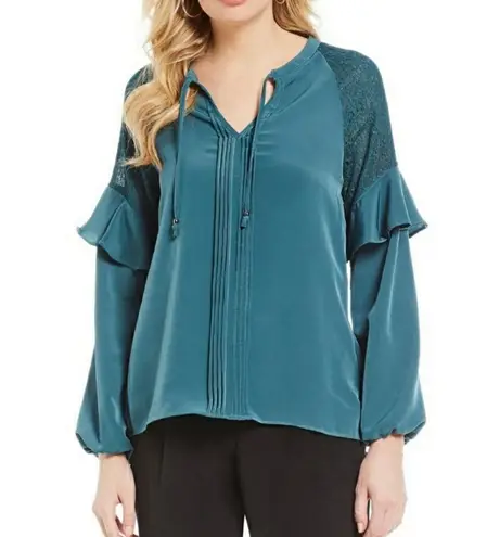 H by Halston Blouson Sleeve Tie Neck Top with Lace Inserts- Tide- XL- NWT