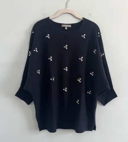 Neiman Marcus Cashmere Collection Embellished Navy Blue Crewneck Sweater