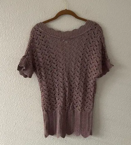 Y2K Lavender Low V Sweater Top Open Knit Purple Shirt Vintage Size M