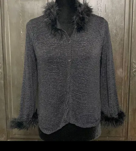 iMY Vintage Black cardigan sweater w/fur on collar & cuffs - size small
