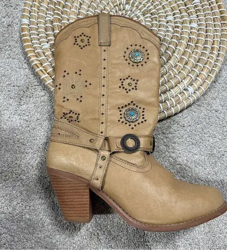 Dingo Addie Women’s Harness Boots Mid-Calf Rhinestone Western Rodeo Cowgirl Tan