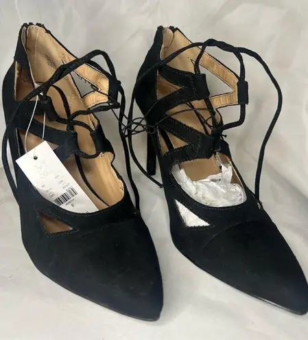 New York And Company Black Pointed Toe Strappy Lace Up Heels 8
