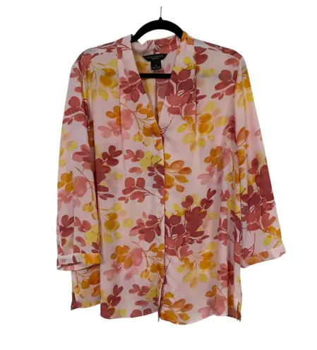 Women's Pink Yellow Floral Top Shirt Plus Investments Women 1X Flirty Fun Casual