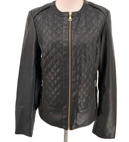 Cole Haan  Black Collarless Quilted Faux Leather Jacket Size Medium