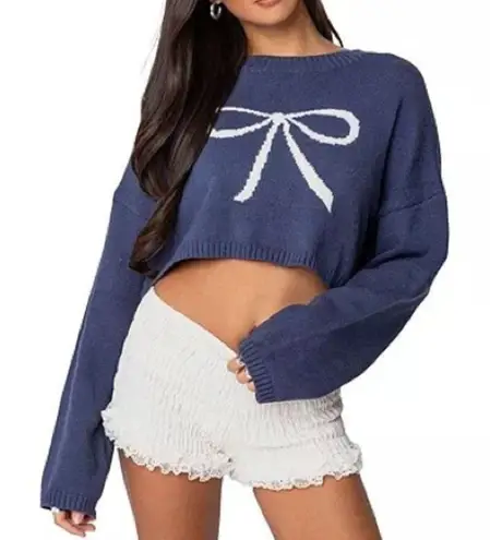 Edikted Knit Bow Cropped Sweater Women's XS/S Navy Boho Dainty Coquette Girl