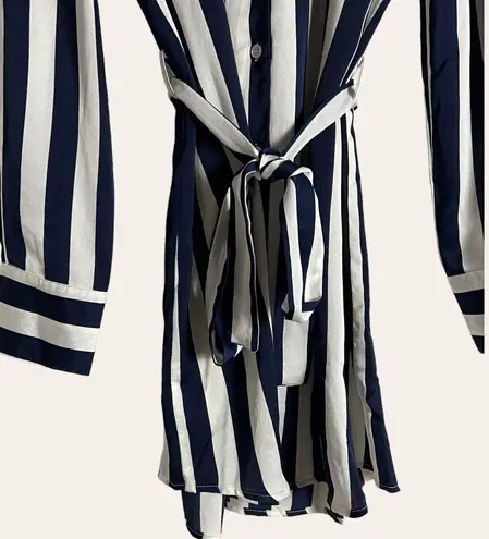 En Creme Navy Blue White Striped Long Sleeve Belted Tie Waist Shirt Dress Size L Size L