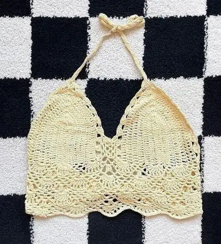 Pastel Yellow Crochet Halter Top XS