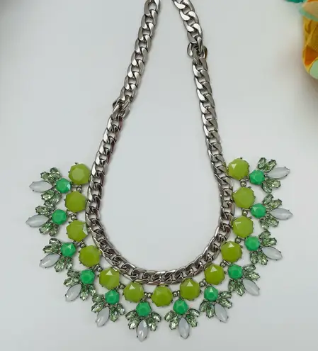 Green Rhinestone Flower Necklace Silver tone metal chain statement piece