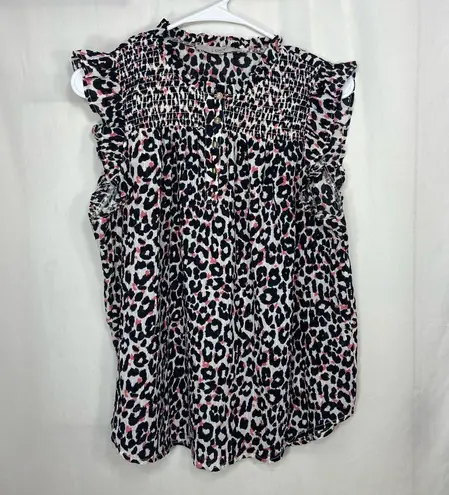 Loft NWOT  women’s black white pink‎ leopard print ruffle elastic button blouse M thumbnail 1