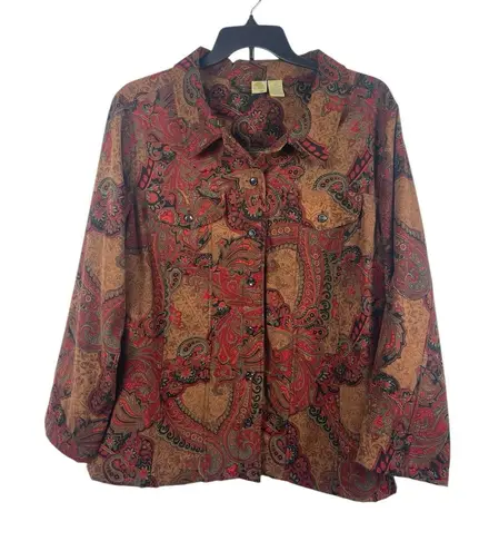 Islander Women’s Plus 3X Suede Feel Paisley Button Up Shirt Warm Brown Red Fall