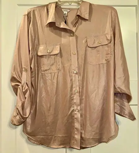 Calvin Klein  shimmer button shirt 2 pocket roll tab sleeves Large NWT