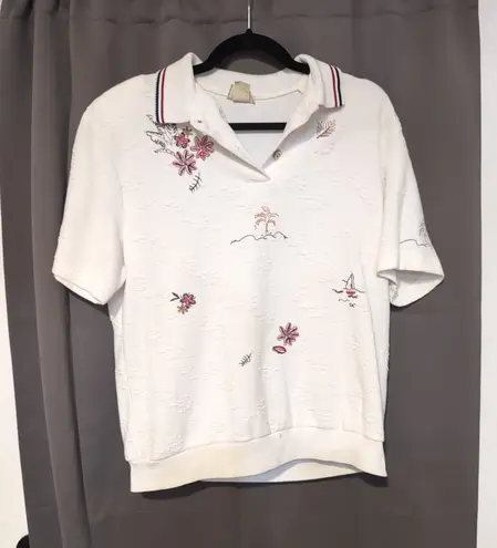 Teddi White Textured Polo Shirt, Women's Large Embroidered Tropical Island Scene