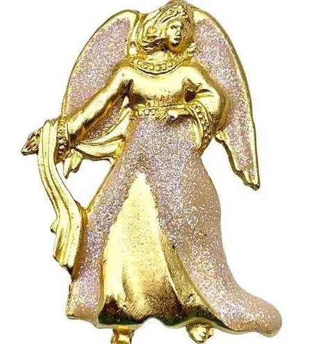 Vintage Hark the Harold Angel Brooch Pin Brushed Gold Tone Sparkle Glitter Wings