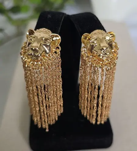 Boutique Statement Glam Gold Lion Earrings with Shimmer Chain Fringe